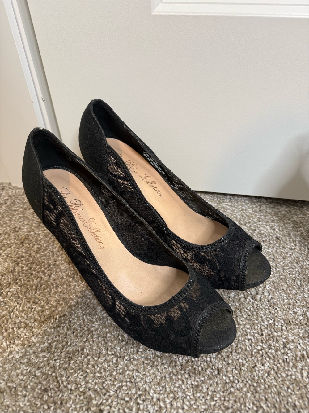 De Blossom Collection Black Lace Peep-Toe Wedge Heels